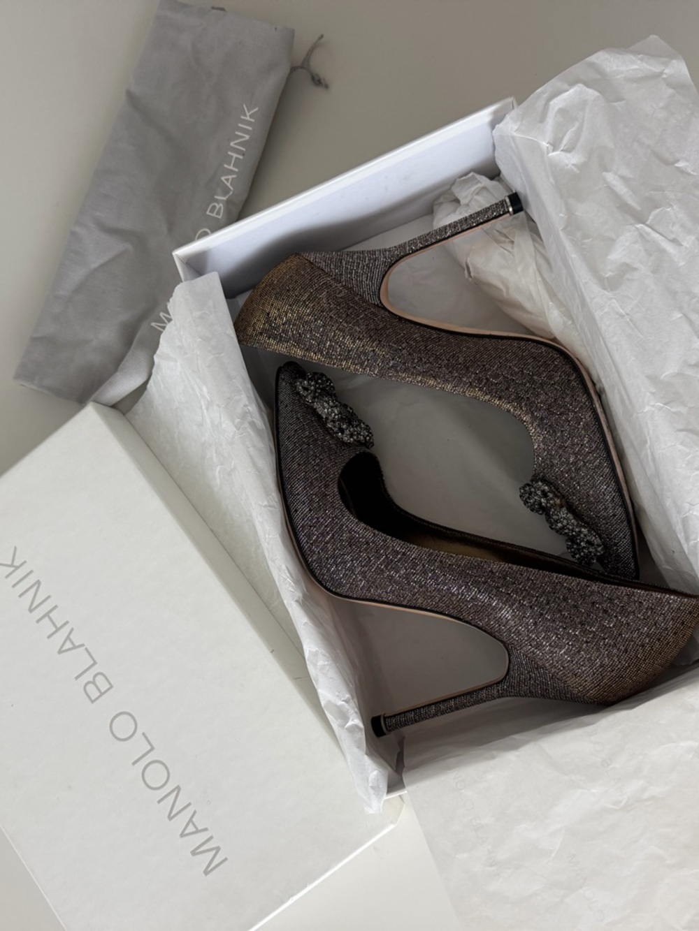 Manolo Blahnik Metallic Bronze Pointed-Toe Pumps with Crystal Embellishment - Picture 3 of 10